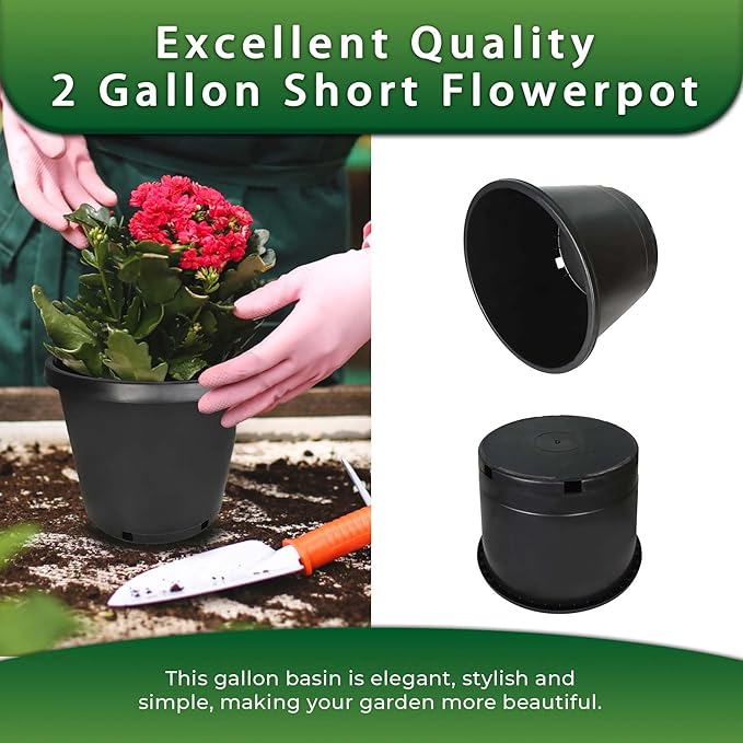 10-Pack 2 Gallon Short Black Nursery Pot Planter Grower Flower Pot Garden Seedling Planters Containers, Plastic Injection Molded Pots with Drainage Holes for Outdoor Indoor Plants