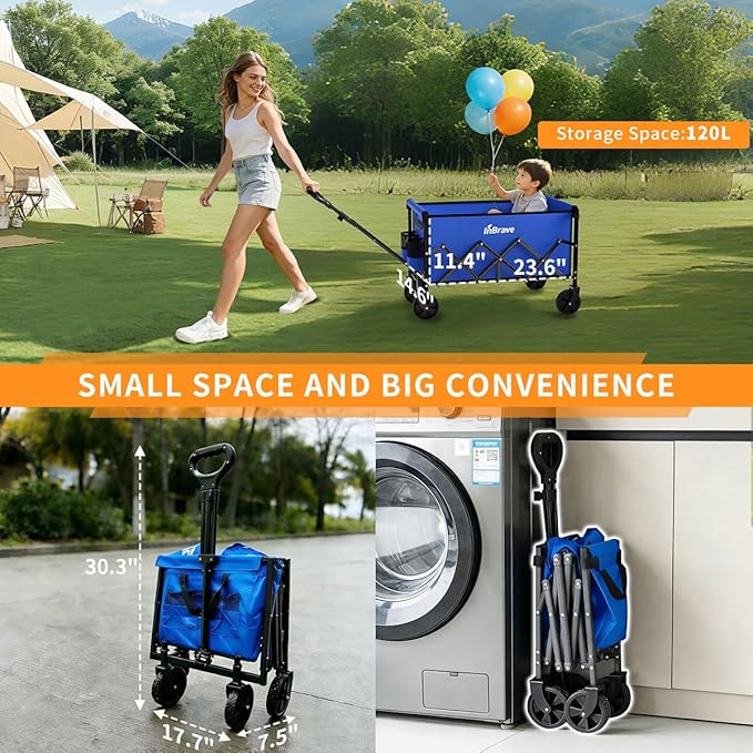 Collapsible Wagon Cart, 380LBS Heavy Duty Utility Wagons with All-Terrain Wheels, Foldable Grocery Carts for Gardening, Shopping, Beach, Camping, Blue