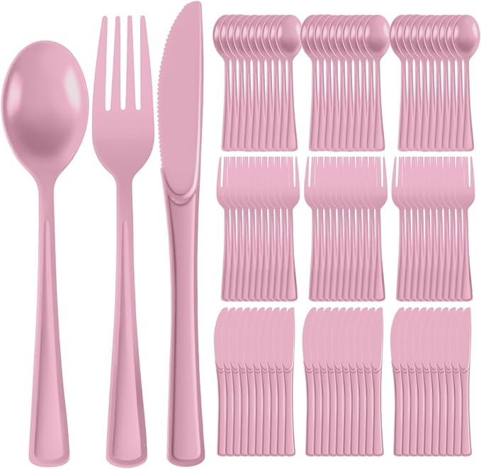 Plastic Silverware 150 PCS Disposable Silverware Heavy Duty Utensil Sets 50 Of Each Forks Knives & Spoons Disposable Cutlery Set For Easter,Birthday,Baby Shower,Garden Party,Wedding(150,Pink)