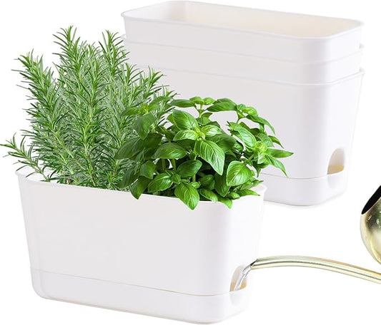 Oliz Self Watering Planters: 4 Packs Rectangular Plant Pots with with Drainage and Tray, 10 Inch Window Pot Self Watering Planter for Herb, Houseplants