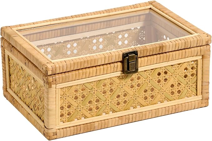 Decorative Rattan Box Handmade Boho Natural Wicker Woven Basket | with Clear Glass Lid Wooden Frame, Keepsake Jewelry Organizer, Rectangular Desk Cane Boxes, Closet Shelf Storage, Large