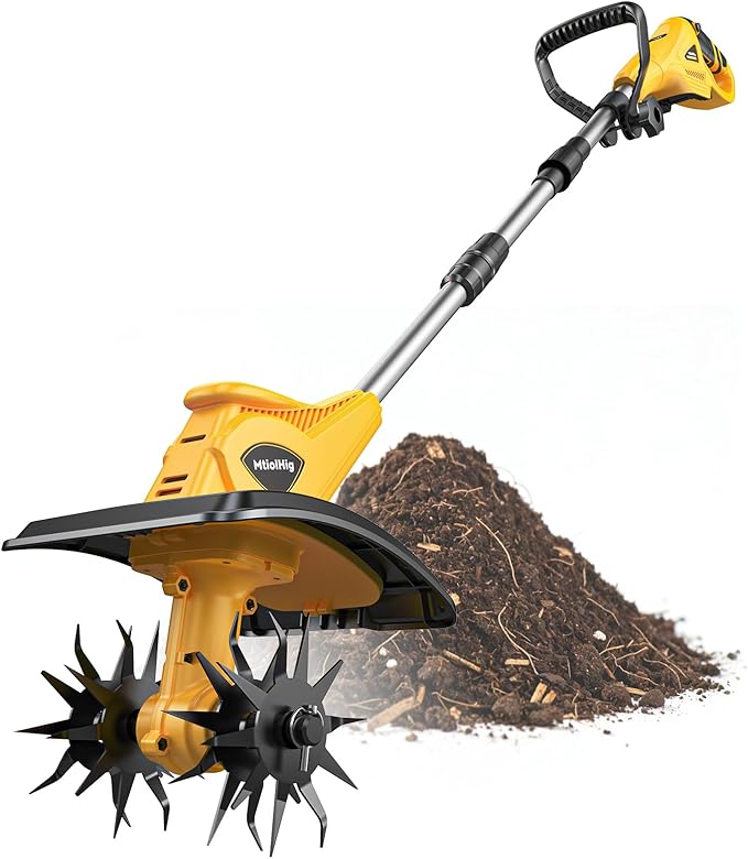 Cordless Tiller Cultivator Compatible with Dewalt 20V (No Battery), Tiller for Gardening 360RPM Electric Garden Tiller, Brushless Rototiller 9" Width 6.3" Depth for Lawn/Soil Cultivation, Yellow