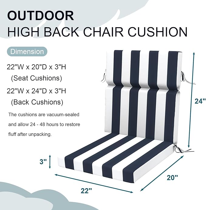 DYTXIII Outdoor High Back Chair Cushions Set of 2, 44"x22" Water Repellent Patio Seat Cushions with Elastic Sponge, All Weather Chair Pads for Rocking, Dining Chairs, Patio Furniture - Cabana Navy