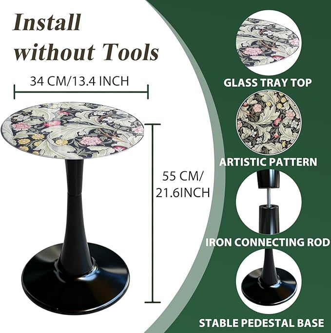 Simmer Stone 13.4" Outdoor Side Table, Round Patio Bistro Table Printed Tempered Glass Top, Waterproof Rust-Proof Base, Small Plant Stand for Balcony, Garden, Deck, 21.6" H (Morris Green)