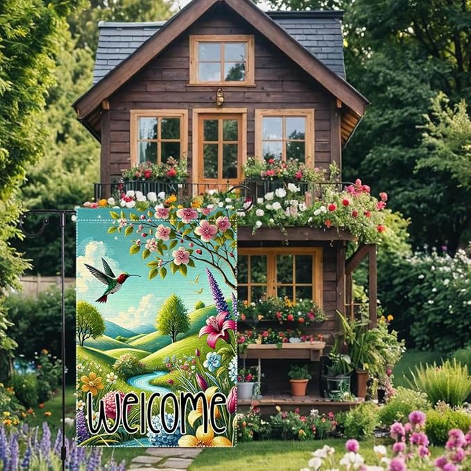 Hummingbird Spring Flowers Garden Flag 12x18 Inch Double Sided Burlap Colorful Floral Small Yard Outdoor Lawn Rustic Farmhouse Spring Decor