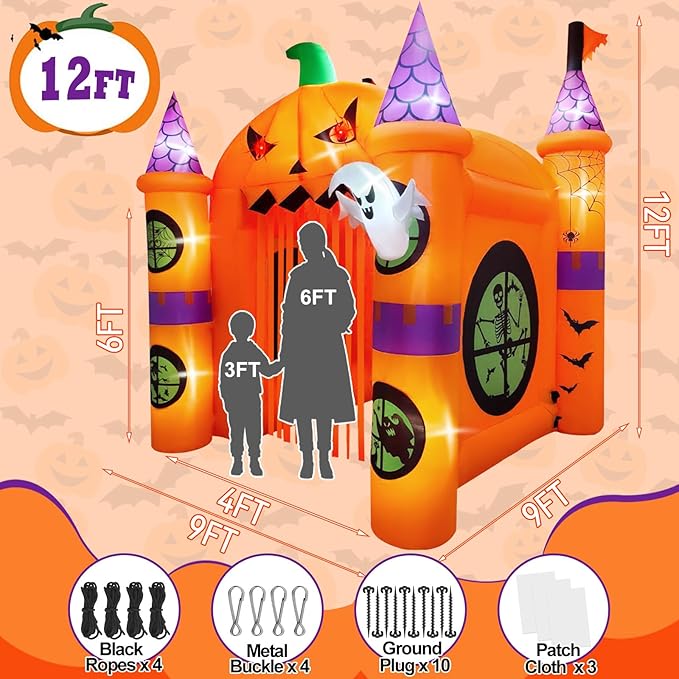 Kalolary 12FT Halloween Inflatables Archway Pumpkin Haunted House, Giant Pumpkin Ghost Arch Inflatable with Built-in Lights Blow Up Halloween Outdoor Yard Decoration for Garden Lawn Outdoor Decors