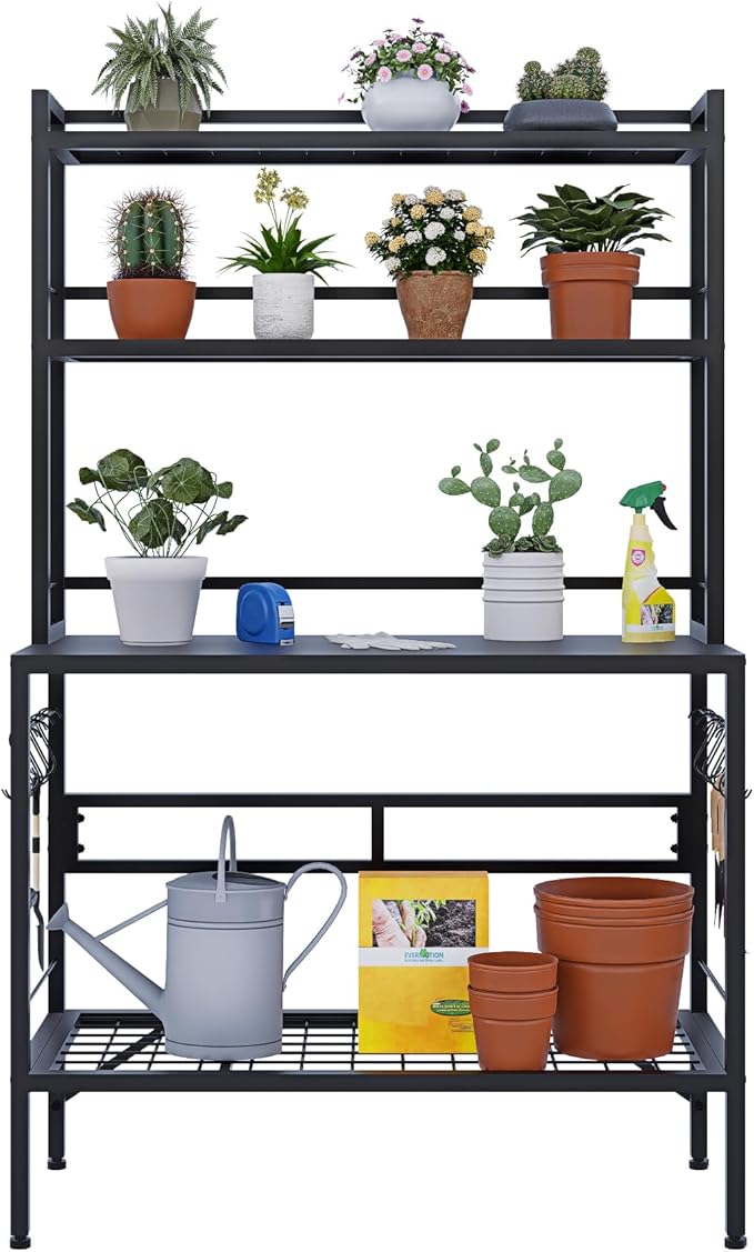 Outdoor Potting Bench Table with Storage, 63" Tall Metal Garden Workstation, 4-Tier Plant Stand Shelves with 8 Hooks, Heavy Duty All-Weather Potting Table for Patio, Backyard, Balcony, Black