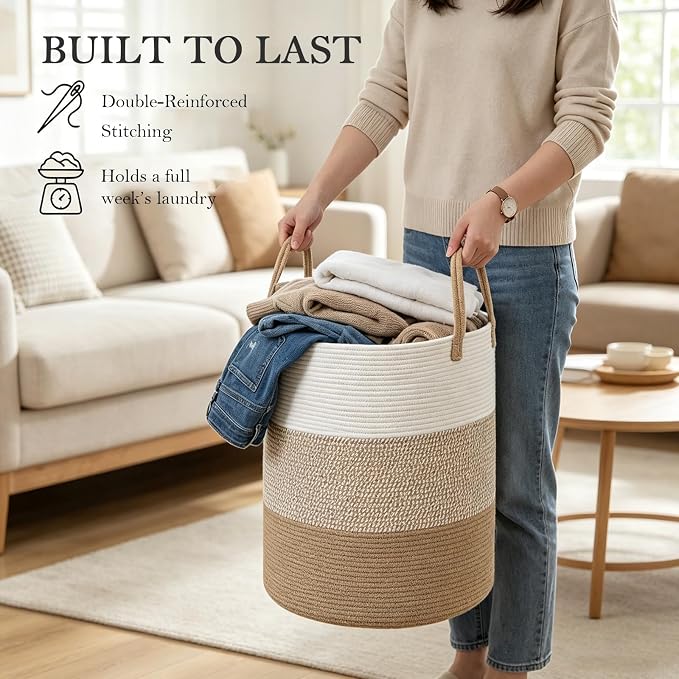 55L Woven Laundry Basket,Large Clothes Hamper with Handles- Yellow