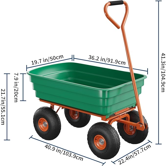 Garden Dump Cart, 1200 Lb Capacity Heavy Duty Utility Cart, Wheelbarrow with 180° Pivot Handle for Yard, Lawn & Gardening(Green+Orange)