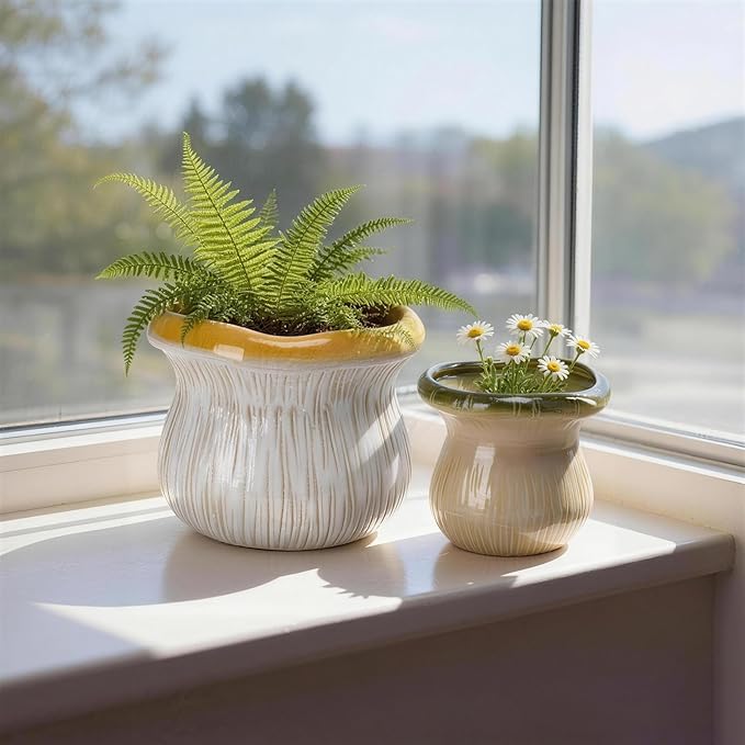 2 Pack Ceramic Plant Pots with Drainage Hole, Two-Tone Textured Planters for Indoor Outdoor Plants, Small Decorative Flower Pots for Succulents Herbs Houseplants