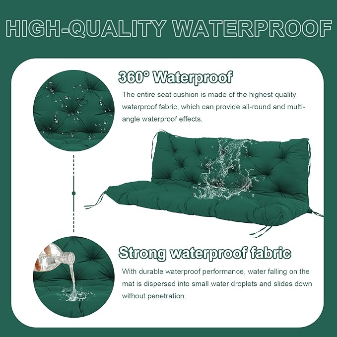 Premium 5" Thick Waterproof Outdoor Swing Cushions Sturdy Durable 2-3 Seat Replacement Porch Swing Cushions with Backrest&Ties Bench Cushion for Outdoor Furniture Backyard Patio(48x40inch)