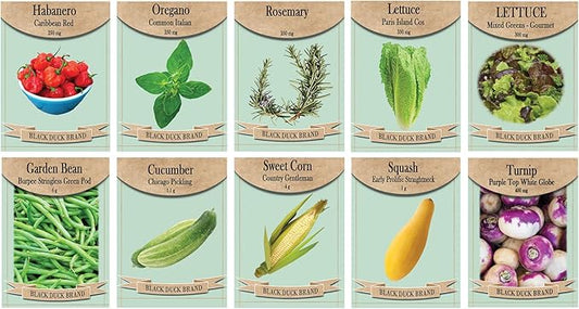 Vegetable, Flower, and Herb Seed Set - 10 Varieties of Non-GMO and Heirloom Premium Seeds for Planting - Rosemary, Mixed Greens, Cucumber, & More!
