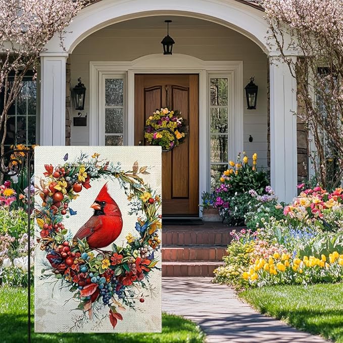 Spring Summer Cardinal Bird Garden Flag 12x18 Inch Double Sided, Welcome Yard Decor, Farmhouse Outdoor Flag for Lawn Patio Porch