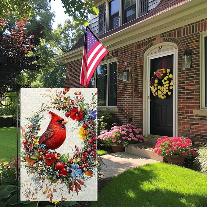 Spring Summer Cardinal Bird Garden Flag 12x18 Inch Double Sided, Floral Welcome Yard Decor, Farmhouse Outdoor Flag