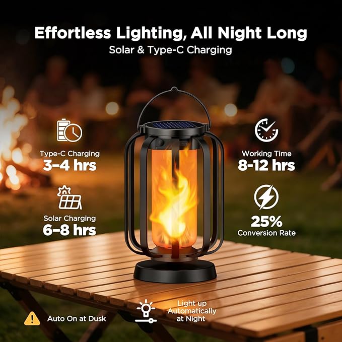 Hompavo Gen2 Solar Lanterns Outdoor Lights with Ultra-Real Flame, 2 Charging (USB/Solar) & 2 Modes - Waterproof Decorative Hanging/Table Lights for Pathway Yard Patio Garden Decor Gifts for Women, 4