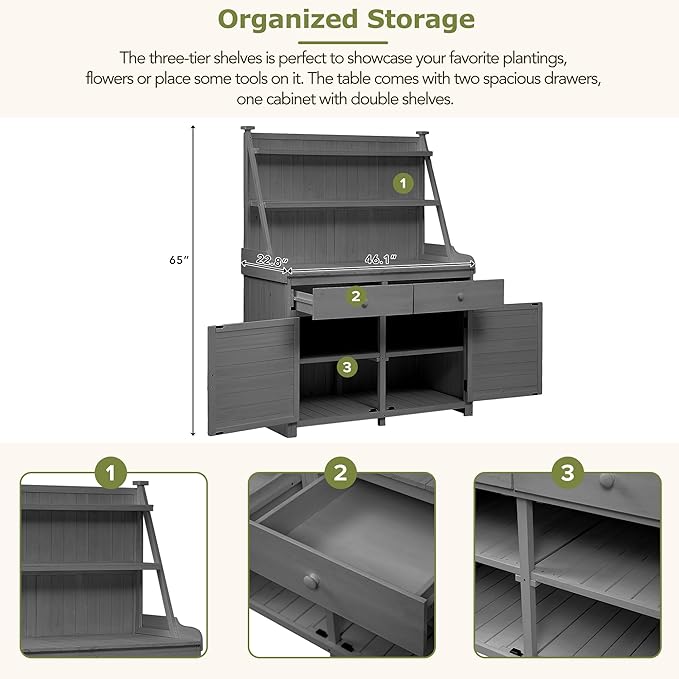 RUNNA 65inch Garden Potting Bench Table, Fir Wood Workstation with Storage Shelf, Drawer and Cabinet (Gray@017, 65inch)