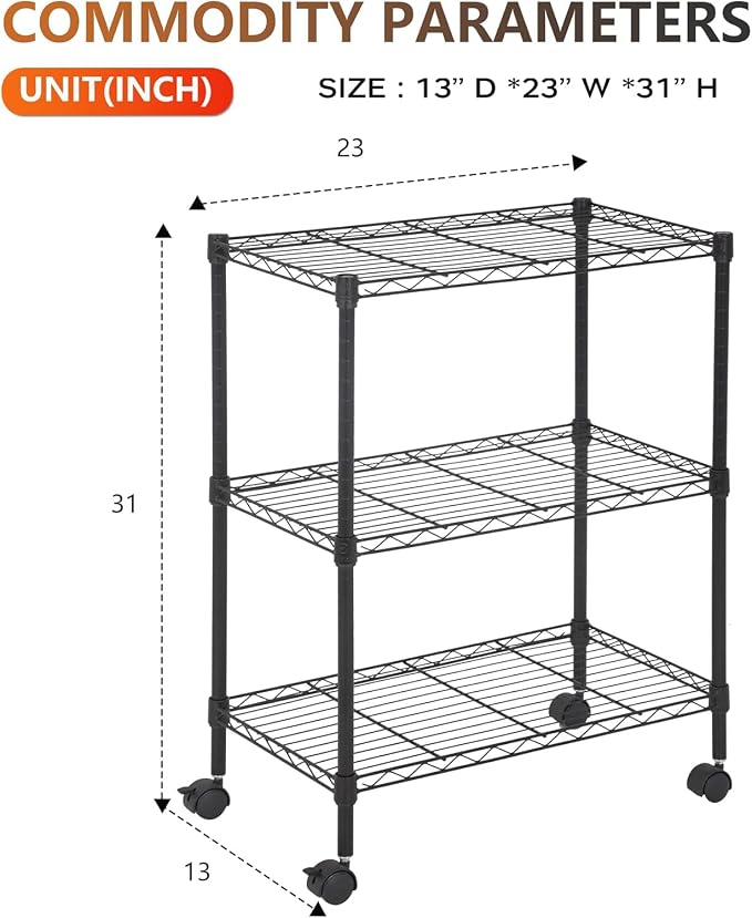 BestOffice | 3-Tier Wire Shelf with Wheels | 23" x 13" x 31" | Black