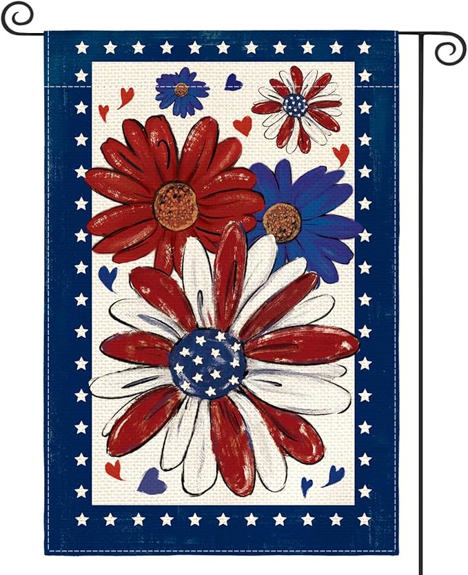 AVOIN colorlife 4th of July Patriotic Garden Flag 12x18 Inch Double Sided Outside, Memorial Day American Stars Floral Daisy Yard Outdoor Decoration