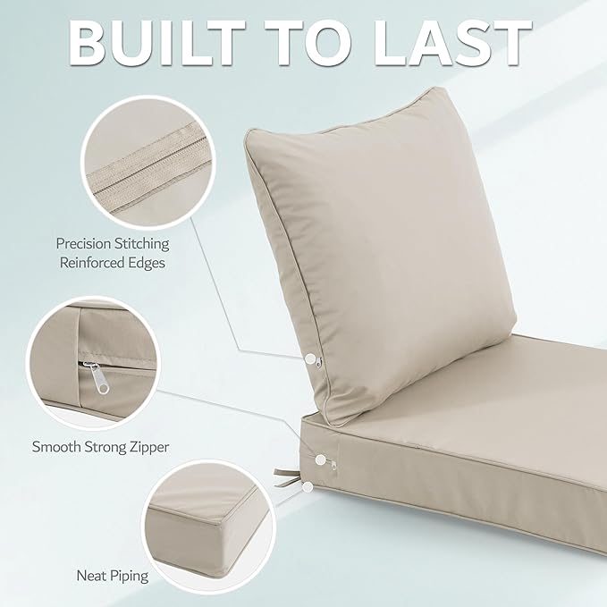 24x24 Inch Outdoor Chair Cushion with Removable Cover, Patio Furniture Cushion - Water-Repellent, Fade-Resistant, Non-Slip Bottom & Straps, Replacement for Deep Seat Sofa & Couch - Cream