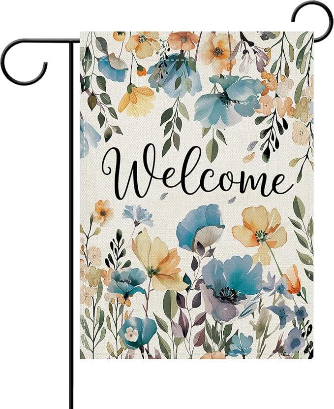 Dyrenson Welcome Spring Summer Floral Theme Decorative Garden Flag, Watercolor Poppy Flower Botanical Yard Outside Home Decoration, Seasonal Burlap Outdoor Small Decor Double Sided 12 x 18