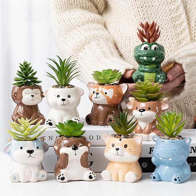 Cute Animal Ceramic Succulent Planters, Small Bonsai Planter, Aloe Cactus Succulent Plant Pots with Drainage Indoor Outdoor Use for Office Home Garden Decoration, Plants Not Included (Groundhog)
