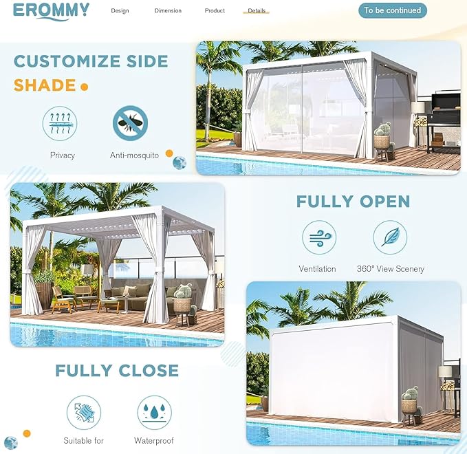 EROMMY Louvered Pergola 10x10, Outdoor Aluminum Pergola with Adjustable Rainproof Roof for Garden, Patio, Deck, Waterproof Curtains and Netting Included, White