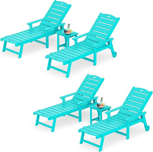 LUE BONA Chaise Lounge Chair with Table, 6-Piece, HDPS Chaise Lounger, 5 Positions Adjustable Lounge Chairs, Pool Lounge Chair with Wheels for Poolside, Backyard, Aruba Blue