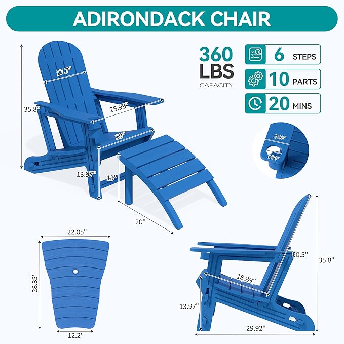 Vongrasig Adirondack Chairs Set of 2 with Removable Tabletop and Footrest, HDPE Plastic Outdoor Chair Set with Wooden Textured, Cup Holder for Patio, Poolside, Garden, Light Blue, 5 Pieces