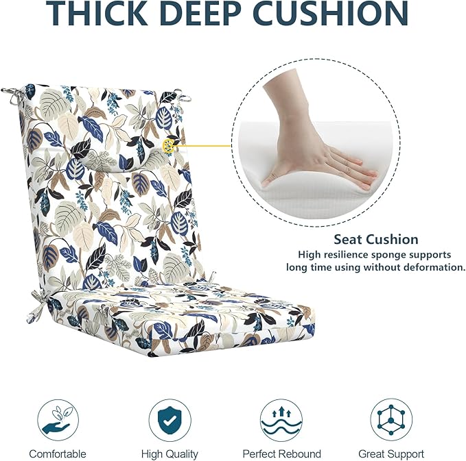 DYTXIII Outdoor High Back Chair Cushions Set of 2, 44x20 in Water Repellent Patio Seat Cushions with Elastic Sponge, All Weather Cushions for Rocking, Dining Chairs, Patio Furniture - Leaves Beige
