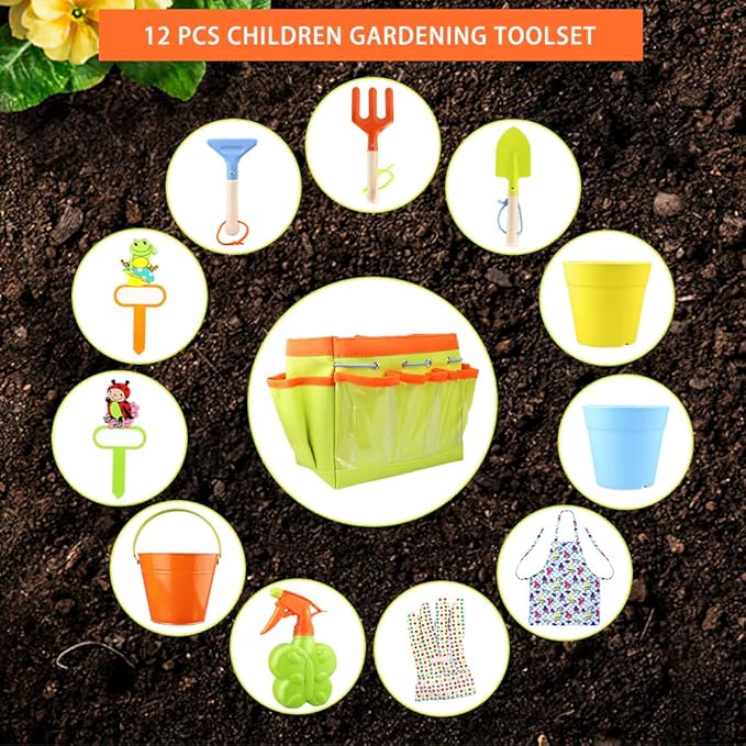Kids Gardening Tools Kit Children Garden Toy Includes Tote Bag, Spade, Watering Bucket, Spray Bottle, Flower Pot, Apron, Rake, Plant Marker, Fork, Rake and Gloves