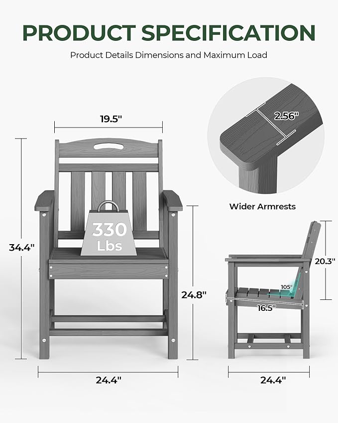 Patio Chairs, HDPE Outdoor Dining Chairs with Wide Seat, All Weather Oversized Porch Chair for Garden, Backyard, Deck - Grey