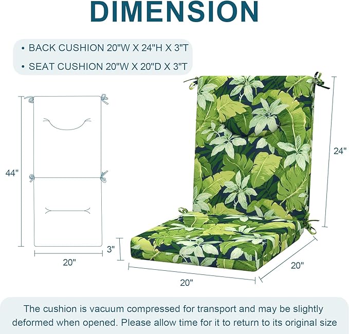 DYTXIII Outdoor High Back Chair Cushions Set of 2, 44x20 in Water Repellent Patio Seat Cushions with Elastic Sponge, All Weather Cushions for Rocking, Dining Chairs, Patio Furniture - Jungle Leaves