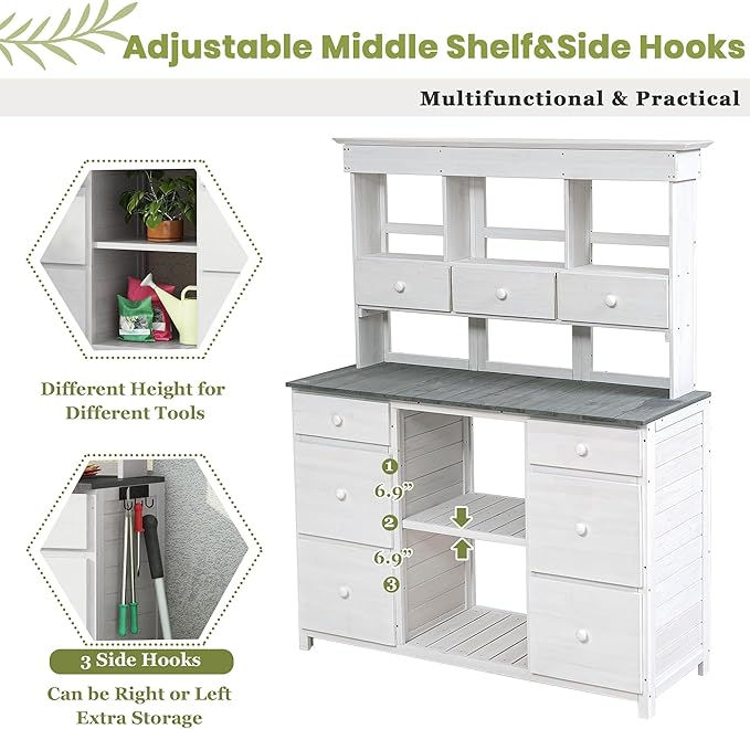 Garden Potting Bench Table, Rustic and Sleek Design Wood Outdoor Garden Work Bench with Multiple Drawers and Shelves for Storage,Patio Workstation for Garden, Patio, and Backyard (White+Gray#018)