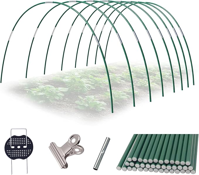 Garden Hoops Kit for Raised Beds, 40pcs Fiberglass Greenhouse Hoops, Row Cover Hoops for Insect Netting, Frost Cover, Shade Cloth, DIY Grow Tunnel kit with Ground Stakes and Clips