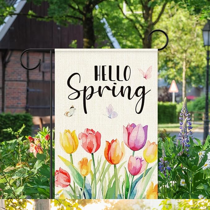 Hello Spring Flags for Outside,Tulip Garden Flag for Yard Patio Lawn Decoration,12x18 Inch Double Sided