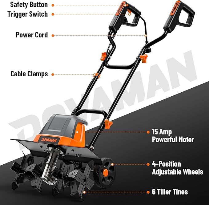 DOVAMAN 18-Inch Electric Garden Tiller, 15-Amp Corded Cultivator with Up to 9-Inch Tilling Depth, 4-Position Adjustable Wheels & Foldable Handle for Soil Preparation