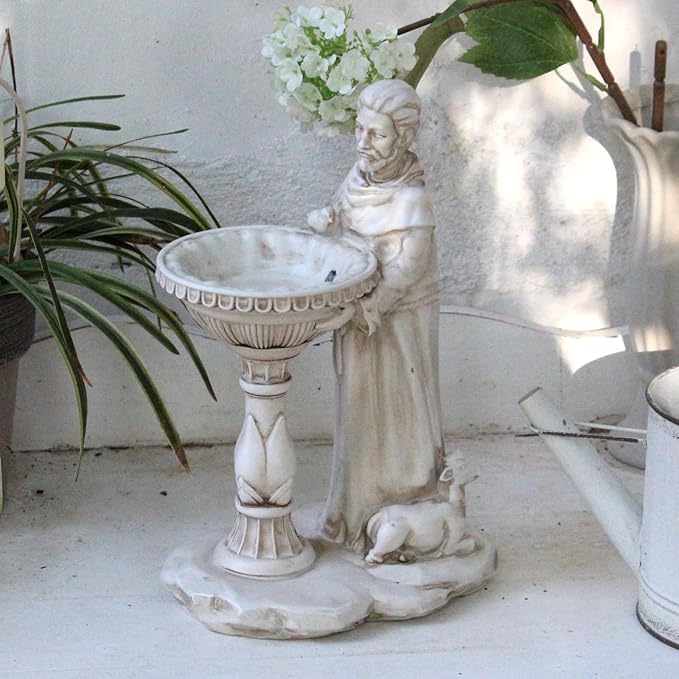 Sheaifun St Francis Garden Statue Outdoor Solar Garden Decor Resin 10.5 Inch Tall Colorful Lights St Francis Statue with Bird Bath Feeder for Yard Patio Lawn Decoration Religious Gardening Gifts