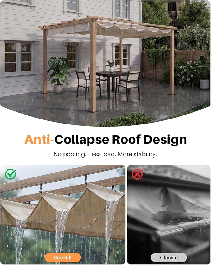 10' X 10' Faux Wood Grain Aluminum Outdoor Retractable Pergola Canopy, Patio Pergola Outdoor Pergola with Sun Shade Canopy, Metal Gazebo with Adjustable Canopy Roof for Backyard Beach, Beige