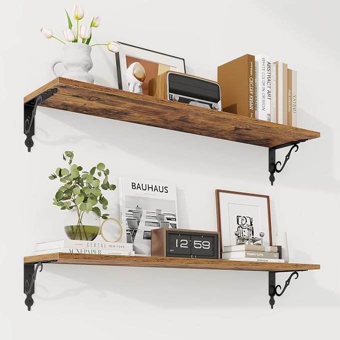 RICHFOCUS Floating Shelves for Wall Decor, 35.4W x 8D Wall Shelves Set of 2, 8 Inch Deep Rustic Wood Shelves Wall Mounted with Brackets, Long Shelves for Living Room Bedroom Kitchen, Rustic Brown