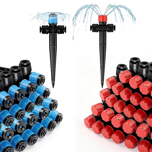 20 Pack Two Way Quick Connect Drip Emitters Set for 1/4" Irrigation Tubing, Adjustable 360 Degree Water Flow Irrigation Sprayer Vortex Emitter+Stream Dripper for Garden Watering System