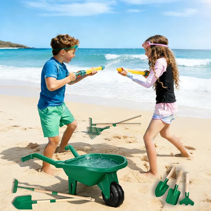 Kids Gardening Tools Set with Wheelbarrow, Wooden & Metal Outdoor Gardening Toys for Summer Outdoor Yard Digging & Weeding, Easter Birthday Gifts for Boys Girls Age 3+ Years (Green)