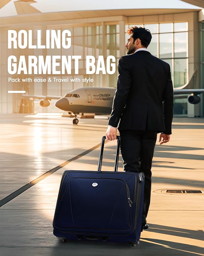 MATEIN Rolling Garment Bags for Travel, Large 2-Wheeled Suit Carrier, Blue