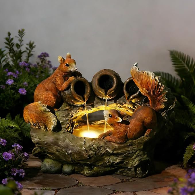 Sunlinua 24" L Squirrel Outdoor Water Fountain, Decorative Resin Water Fountain with LED Lights, Garden Waterfall Fountains Indoor and Outdoor for Patio, Porch, Courtyard, Home Decor
