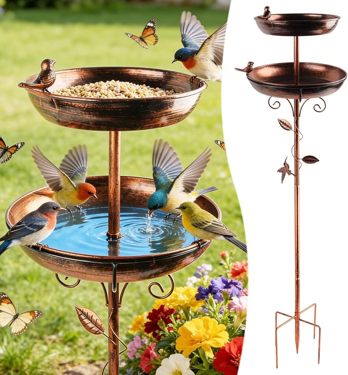 Bird Bath for Outside, 46In Vintage Freestanding Birdbaths with 2 Bird Decor, Double Metal Bird Bath Feeder Bowls Detachable for Garden Patio Yard Lawn Decor Upgraded 5-Pronged Base (Antique Bronze)