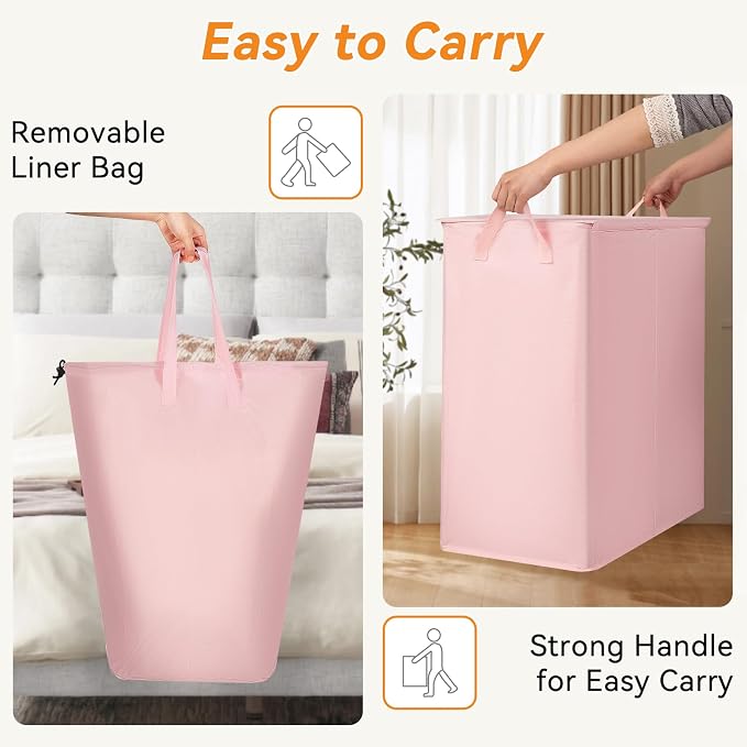 Chrislley Double Laundry Hamper with Lid, 140L Laundry Basket 2 Section | Large Dirty Clothes Hamper 2 Compartments with Removable Liner Bags & Handles, Collapsible Storage for Bedroom, Doom, Pink