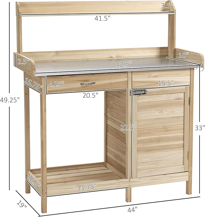 Outsunny Outdoor Potting Bench Table, Garden Work Station with Storage Cabinet, Open Shelf and Steel Tabletop, Natural