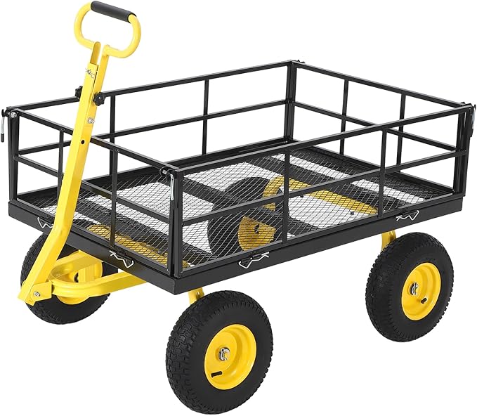 Heavy Duty Steel Garden Cart, 1200 LBS Load Capacity Garden Wagon with 10 inch Tire and 180° Rotating Handle Attach to ATV or Tractor, Black