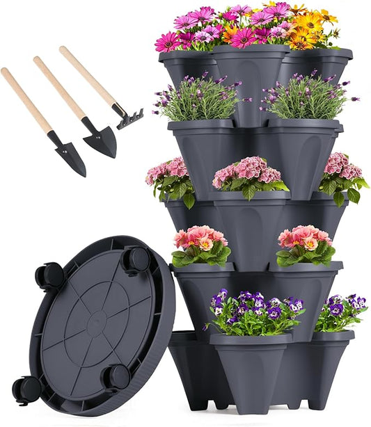 GameXcel Vertical Planter Tower - 5 Tier Stackable Garden Planters with Wheels and Tools Plant Pots for Strawberry Herb Flower and Vegetable Indoor Outdoor Use Dark Gray