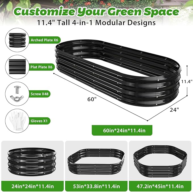 Oval Raised Garden Bed, 5 x 2 x 1FT, Galvanized Steel Planter Box with Wave-Shaped Metal Panels Painted for Outdoor Flower,Tree,Herb & Vegetable Garden (Black, 60X24X12 inches)