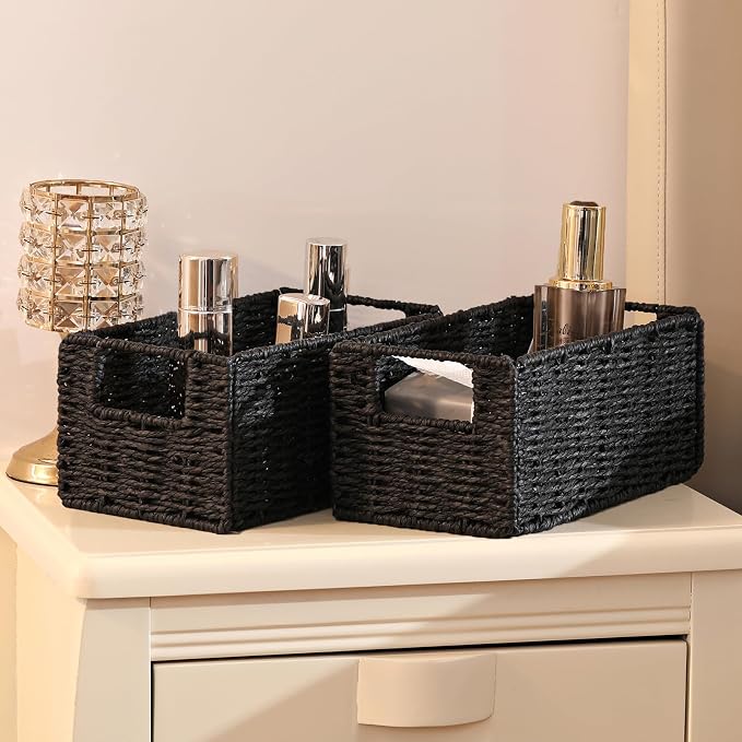Vagusicc Wicker Storage Basket, Set of 2 Black Wicker Baskets for Bathroom